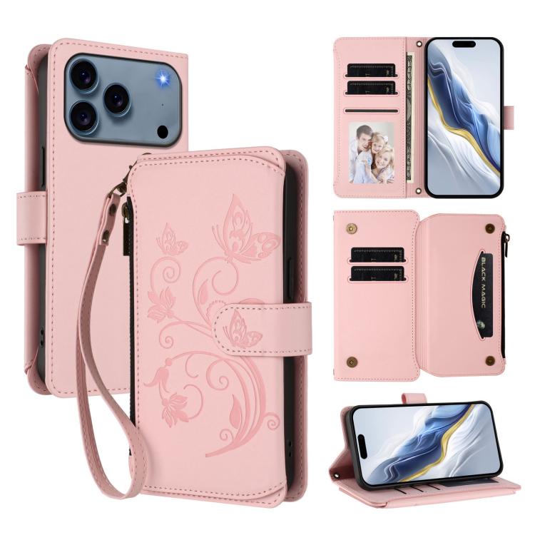غطاء هاتف محفظة جلدية بسحاب متعددة البطاقات بنقش زهرة حب الفراشة، لهواتف iPhone 17e / 16e، iPhone 17 Pro Max، iPhone 17 Pro، iPhone 17، iPhone Air، iPhone 16 Pro Max