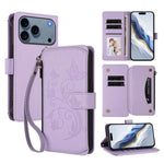 غطاء هاتف محفظة جلدية بسحاب متعددة البطاقات بنقش زهرة حب الفراشة، لهواتف iPhone 17e / 16e، iPhone 17 Pro Max، iPhone 17 Pro، iPhone 17، iPhone Air، iPhone 16 Pro Max