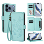 غطاء هاتف محفظة جلدية بسحاب متعددة البطاقات بنقش زهرة حب الفراشة، لهواتف iPhone 17e / 16e، iPhone 17 Pro Max، iPhone 17 Pro، iPhone 17، iPhone Air، iPhone 16 Pro Max