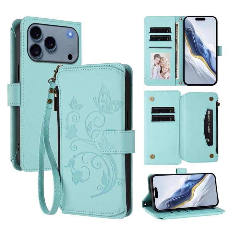 غطاء هاتف محفظة جلدية بسحاب متعددة البطاقات بنقش زهرة حب الفراشة، لهواتف iPhone 17e / 16e، iPhone 17 Pro Max، iPhone 17 Pro، iPhone 17، iPhone Air، iPhone 16 Pro Max