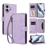 غطاء هاتف محفظة جلدية بسحاب متعددة البطاقات بنقش زهرة حب الفراشة، لهواتف iPhone 17e / 16e، iPhone 17 Pro Max، iPhone 17 Pro، iPhone 17، iPhone Air، iPhone 16 Pro Max