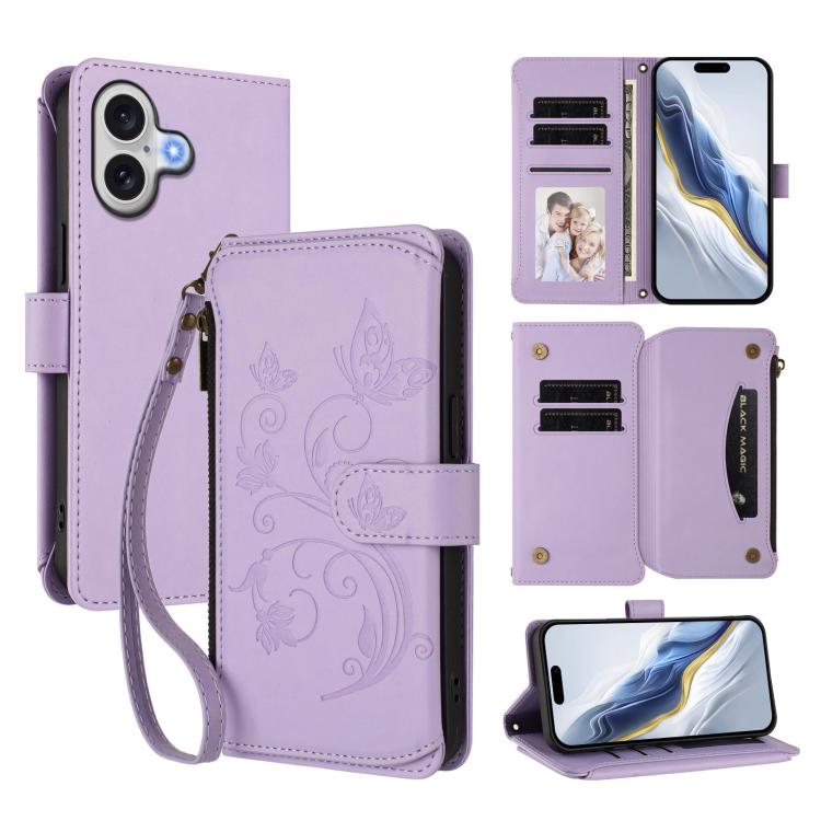 غطاء هاتف محفظة جلدية بسحاب متعددة البطاقات بنقش زهرة حب الفراشة، لهواتف iPhone 17e / 16e، iPhone 17 Pro Max، iPhone 17 Pro، iPhone 17، iPhone Air، iPhone 16 Pro Max
