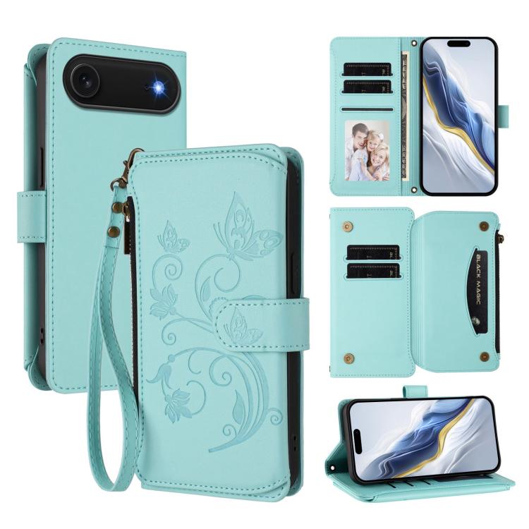 غطاء هاتف محفظة جلدية بسحاب متعددة البطاقات بنقش زهرة حب الفراشة، لهواتف iPhone 17e / 16e، iPhone 17 Pro Max، iPhone 17 Pro، iPhone 17، iPhone Air، iPhone 16 Pro Max