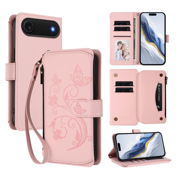 غطاء هاتف محفظة جلدية بسحاب متعددة البطاقات بنقش زهرة حب الفراشة، لهواتف iPhone 17e / 16e، iPhone 17 Pro Max، iPhone 17 Pro، iPhone 17، iPhone Air، iPhone 16 Pro Max