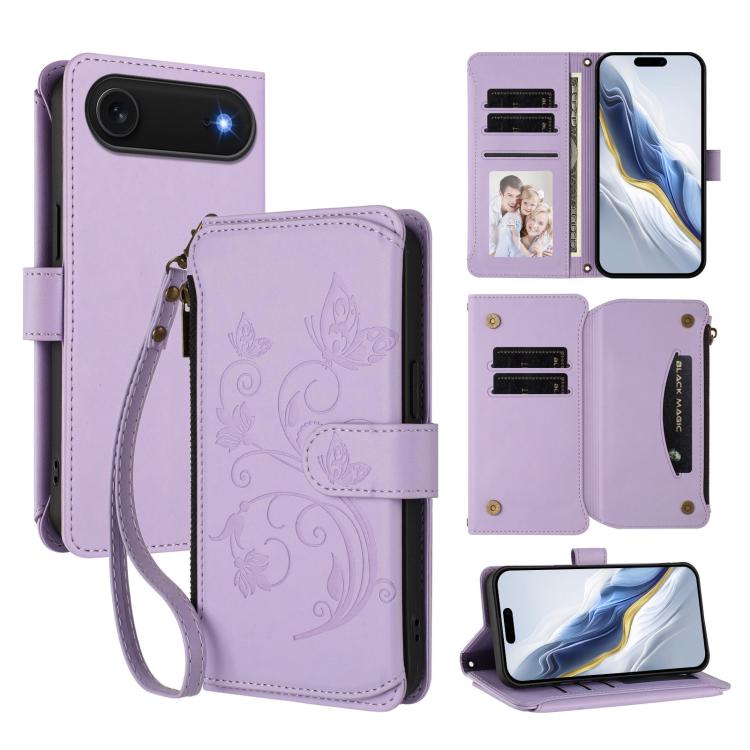 غطاء هاتف محفظة جلدية بسحاب متعددة البطاقات بنقش زهرة حب الفراشة، لهواتف iPhone 17e / 16e، iPhone 17 Pro Max، iPhone 17 Pro، iPhone 17، iPhone Air، iPhone 16 Pro Max