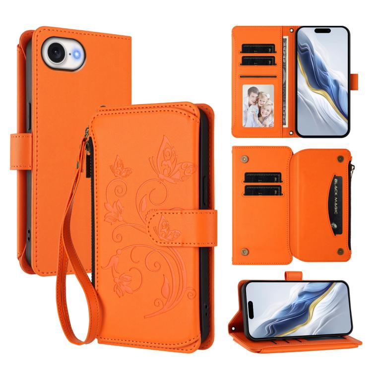 غطاء هاتف محفظة جلدية بسحاب متعددة البطاقات بنقش زهرة حب الفراشة، لهواتف iPhone 17e / 16e، iPhone 17 Pro Max، iPhone 17 Pro، iPhone 17، iPhone Air، iPhone 16 Pro Max