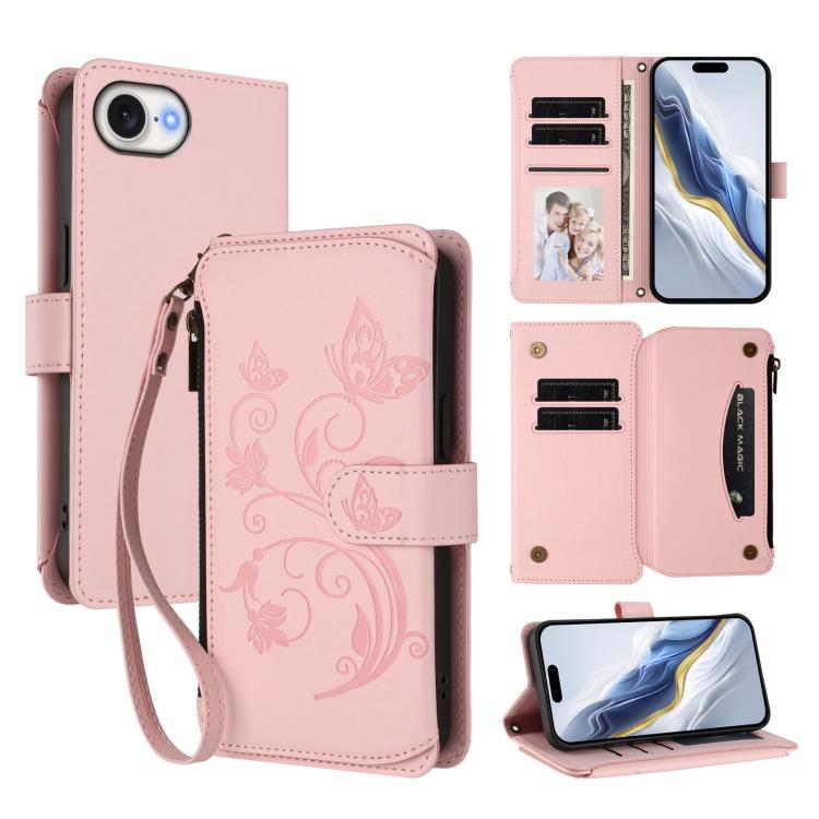 غطاء هاتف محفظة جلدية بسحاب متعددة البطاقات بنقش زهرة حب الفراشة، لهواتف iPhone 17e / 16e، iPhone 17 Pro Max، iPhone 17 Pro، iPhone 17، iPhone Air، iPhone 16 Pro Max
