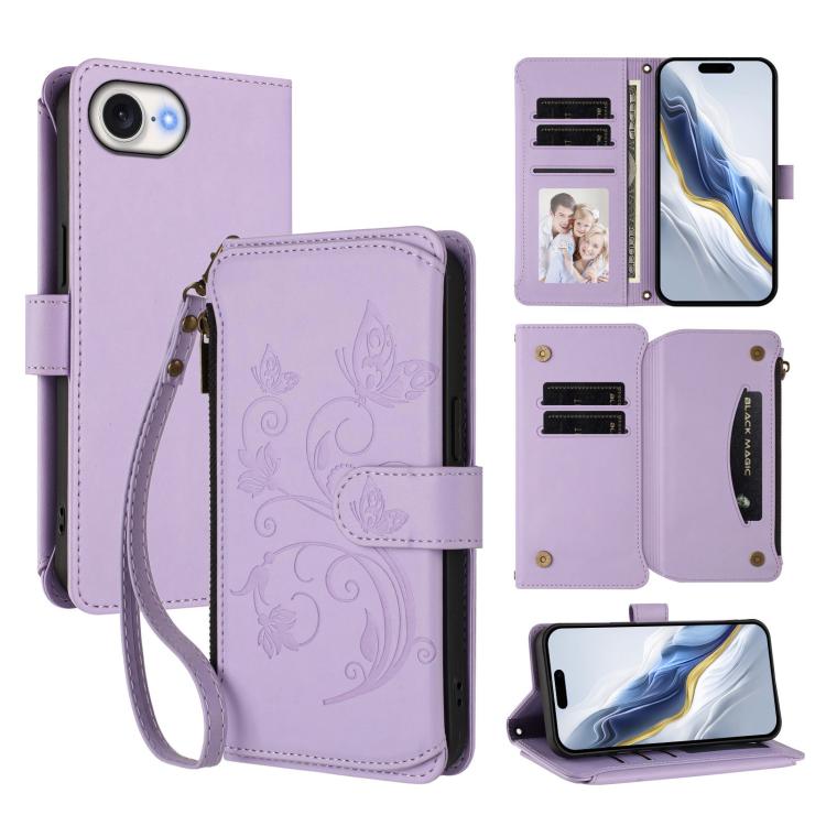 غطاء هاتف محفظة جلدية بسحاب متعددة البطاقات بنقش زهرة حب الفراشة، لهواتف iPhone 17e / 16e، iPhone 17 Pro Max، iPhone 17 Pro، iPhone 17، iPhone Air، iPhone 16 Pro Max