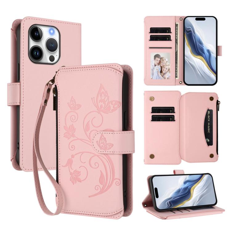 غطاء هاتف محفظة جلدية بسحاب متعددة البطاقات بنقش زهرة حب الفراشة، لهواتف iPhone 17e / 16e، iPhone 17 Pro Max، iPhone 17 Pro، iPhone 17، iPhone Air، iPhone 16 Pro Max