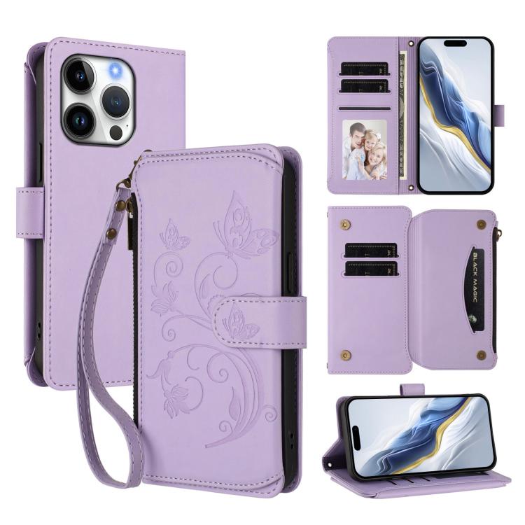 غطاء هاتف محفظة جلدية بسحاب متعددة البطاقات بنقش زهرة حب الفراشة، لهواتف iPhone 16 Pro، iPhone 16 Plus، iPhone 16، iPhone 15 Pro Max، iPhone 15 Pro، iPhone 15 Plus