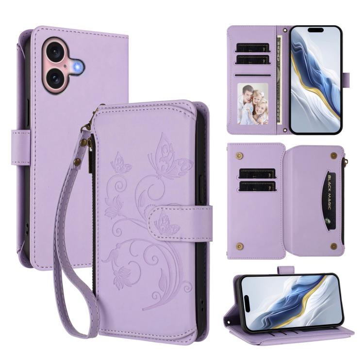 غطاء هاتف محفظة جلدية بسحاب متعددة البطاقات بنقش زهرة حب الفراشة، لهواتف iPhone 16 Pro، iPhone 16 Plus، iPhone 16، iPhone 15 Pro Max، iPhone 15 Pro، iPhone 15 Plus