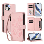 حافظة هاتف جلدية بمحفظة بسحاب متعددة البطاقات بنقشة فراشة وزهور حب، لهواتف iPhone 15، iPhone 14 Plus، iPhone 14 / 13، iPhone 14 Pro، iPhone 14 Pro Max، iPhone 7 / 8 / SE 2022