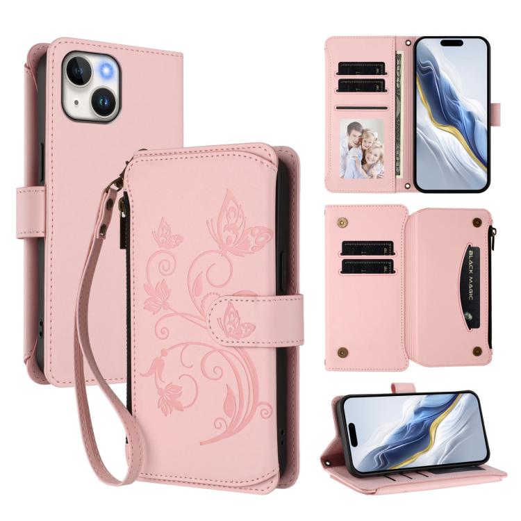 حافظة هاتف جلدية بمحفظة بسحاب متعددة البطاقات بنقشة فراشة وزهور حب، لهواتف iPhone 15، iPhone 14 Plus، iPhone 14 / 13، iPhone 14 Pro، iPhone 14 Pro Max، iPhone 7 / 8 / SE 2022