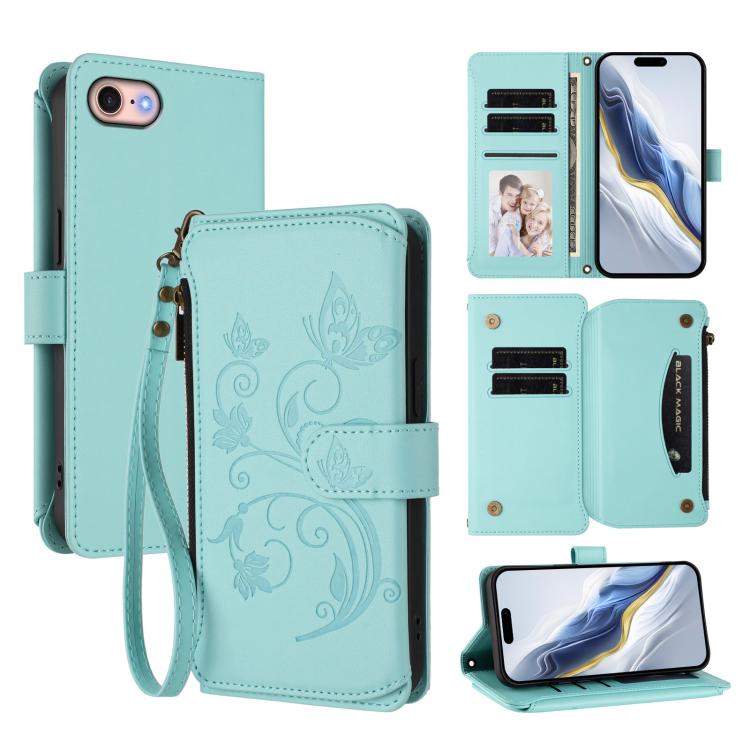 حافظة هاتف جلدية بمحفظة بسحاب متعددة البطاقات بنقشة فراشة وزهور حب، لهواتف iPhone 15، iPhone 14 Plus، iPhone 14 / 13، iPhone 14 Pro، iPhone 14 Pro Max، iPhone 7 / 8 / SE 2022