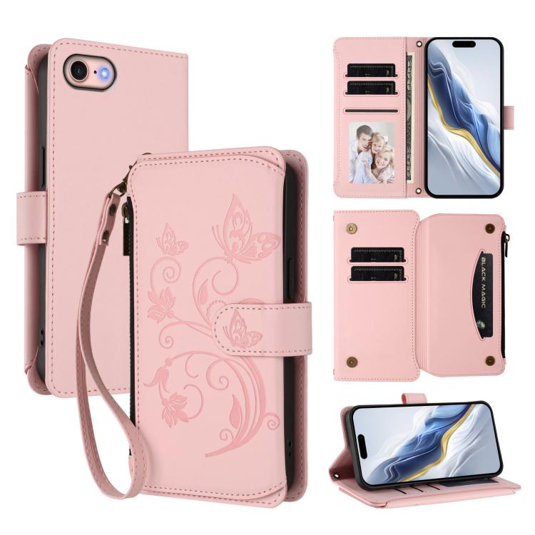 حافظة هاتف جلدية بمحفظة بسحاب متعددة البطاقات بنقشة فراشة وزهور حب، لهواتف iPhone 15، iPhone 14 Plus، iPhone 14 / 13، iPhone 14 Pro، iPhone 14 Pro Max، iPhone 7 / 8 / SE 2022