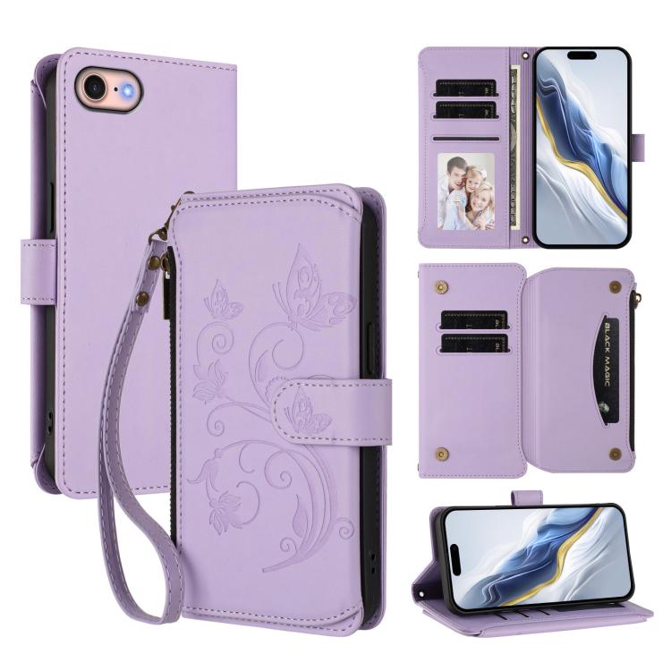 حافظة هاتف جلدية بمحفظة بسحاب متعددة البطاقات بنقشة فراشة وزهور حب، لهواتف iPhone 15، iPhone 14 Plus، iPhone 14 / 13، iPhone 14 Pro، iPhone 14 Pro Max، iPhone 7 / 8 / SE 2022