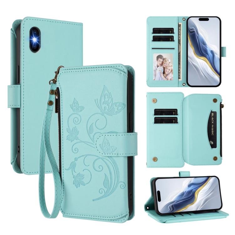 محفظة جلدية لهاتف مع سحاب متعددة البطاقات بنقشة فراشة وزهور، لهواتف iPhone 11 Pro Max، iPhone 11، iPhone 11 Pro، iPhone X / XS، iPhone XR، iPhone XS Max