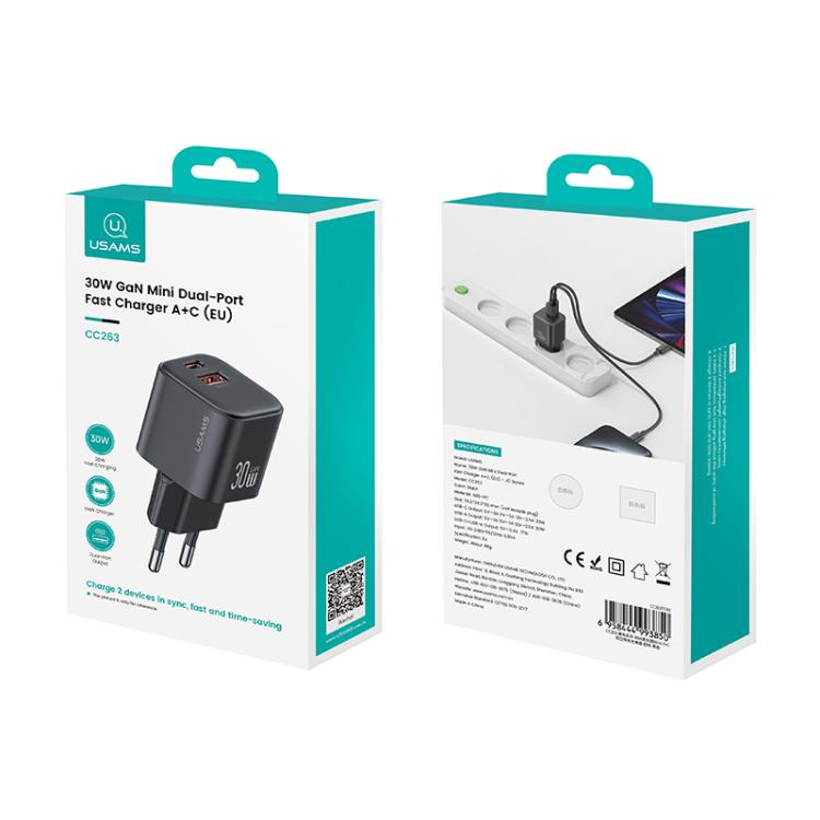 شاحن صغير USAMS CC263 GaN USB-C / Type-C و USB مزدوج المنفذ بقوة 30 واط، CC263