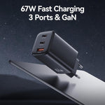 شاحن صغير USAMS CC265 GaN بقوة 67 واط 2 × Type-C و USB ثلاثي المنافذ، CC265