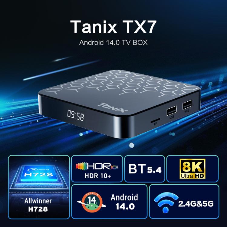 Tanix TX7 صندوق تلفاز ذكي أندرويد 14 بدقة 8K UHD مع جهاز تحكم عن بعد، Allwinner H728 ثماني النواة، 2GB+16GB، 4GB+32GB