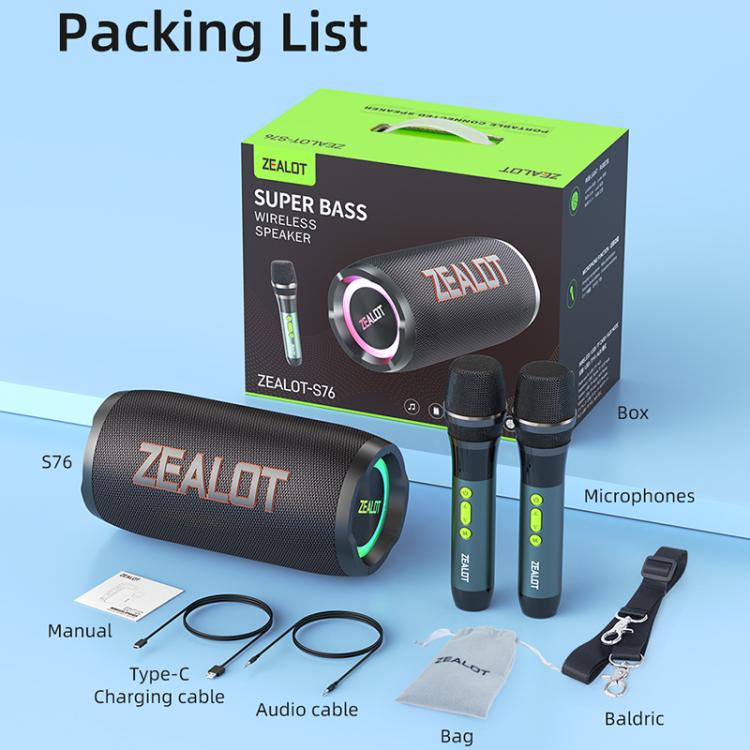 مكبر صوت بلوتوث محمول خارجي RGB Zealot S76 بقوة 50 واط، مع 2 ميكروفون، مع 1 ميكروفون، بدون ميكروفون