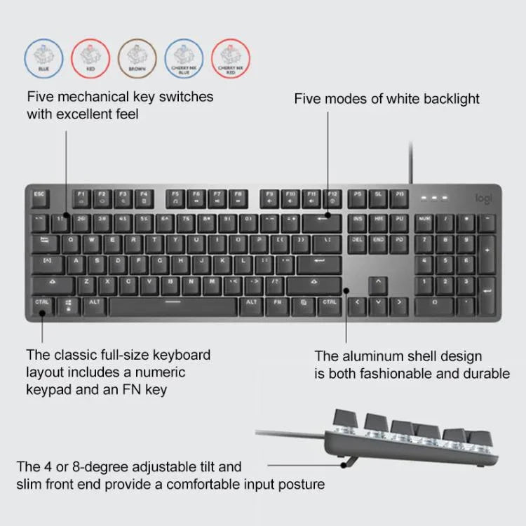 لوحة مفاتيح ميكانيكية سلكية مضيئة Logitech K845، طول الكابل: 1.8 متر، محور لونغهوا بني، محور لونغهوا أحمر