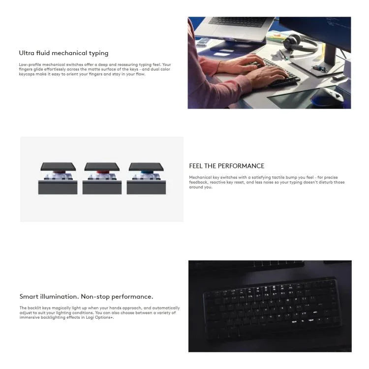 لوحة مفاتيح ميكانيكية ذكية مضيئة لاسلكية بلوتوث Logitech MX Mini مدمجة، محور شاي، محور أزرق