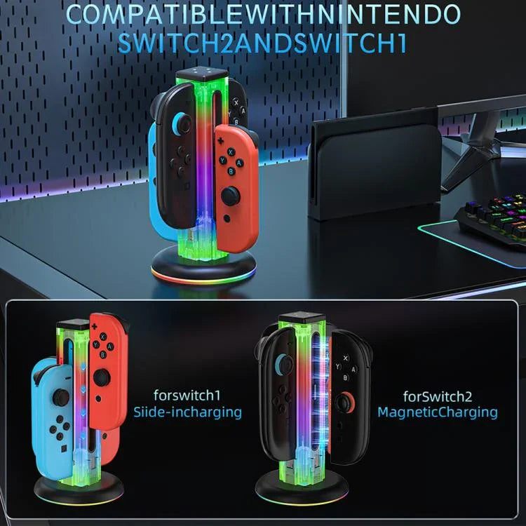 قاعدة شحن 4 في 1 لأجهزة التحكم مع إضاءة RGB من JYS NS2318، لجهاز Nintendo Switch 1 / 2، JYS-NS2318