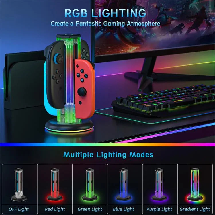 قاعدة شحن 4 في 1 لأجهزة التحكم مع إضاءة RGB من JYS NS2318، لجهاز Nintendo Switch 1 / 2، JYS-NS2318