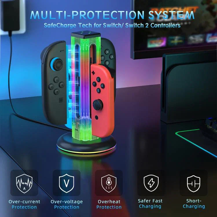 قاعدة شحن 4 في 1 لأجهزة التحكم مع إضاءة RGB من JYS NS2318، لجهاز Nintendo Switch 1 / 2، JYS-NS2318