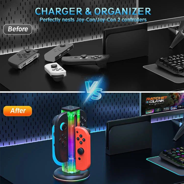 قاعدة شحن 4 في 1 لأجهزة التحكم مع إضاءة RGB من JYS NS2318، لجهاز Nintendo Switch 1 / 2، JYS-NS2318