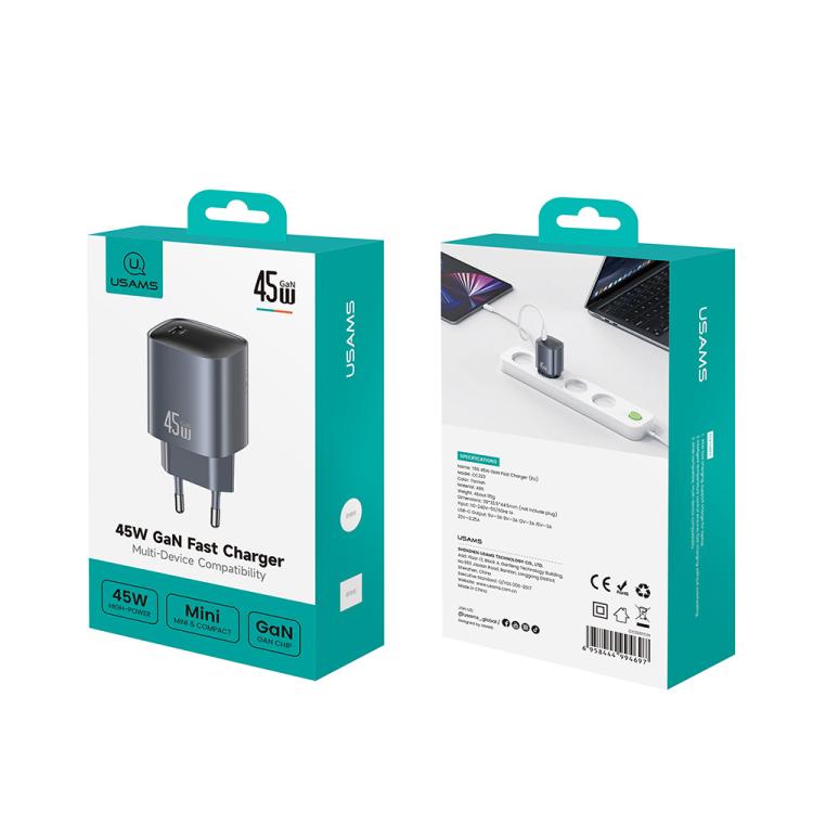 شاحن سريع USAMS CC323 T66 45 واط USB-C / Type-C GaN، قابس الاتحاد الأوروبي، CC323