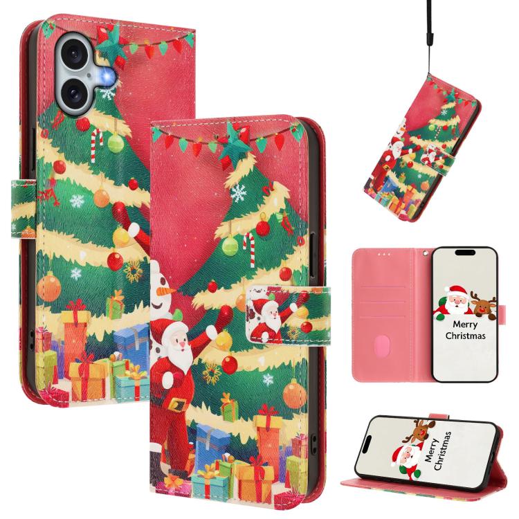 غطاء هاتف جلدي بسلسلة عيد الميلاد مع حزام يد، لهواتف iPhone 17e / 16e، iPhone 17 Pro Max، iPhone 17 Pro، iPhone 17، iPhone Air، iPhone 16 Pro Max، iPhone 16 Pro، iPhone 16 Plus