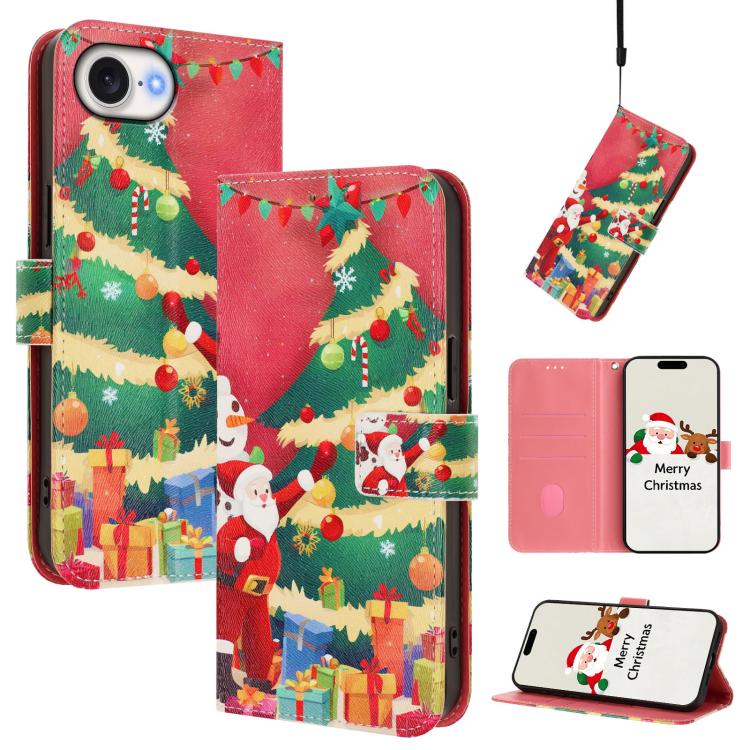 غطاء هاتف جلدي بسلسلة عيد الميلاد مع حزام يد، لهواتف iPhone 17e / 16e، iPhone 17 Pro Max، iPhone 17 Pro، iPhone 17، iPhone Air، iPhone 16 Pro Max، iPhone 16 Pro، iPhone 16 Plus