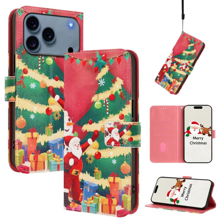 غطاء هاتف جلدي بسلسلة عيد الميلاد مع حزام يد، لهواتف iPhone 17e / 16e، iPhone 17 Pro Max، iPhone 17 Pro، iPhone 17، iPhone Air، iPhone 16 Pro Max، iPhone 16 Pro، iPhone 16 Plus