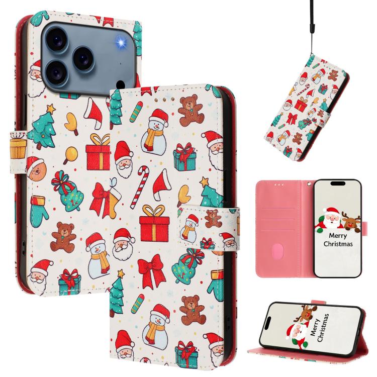 غطاء هاتف جلدي بسلسلة عيد الميلاد مع حزام يد، لهواتف iPhone 17e / 16e، iPhone 17 Pro Max، iPhone 17 Pro، iPhone 17، iPhone Air، iPhone 16 Pro Max، iPhone 16 Pro، iPhone 16 Plus