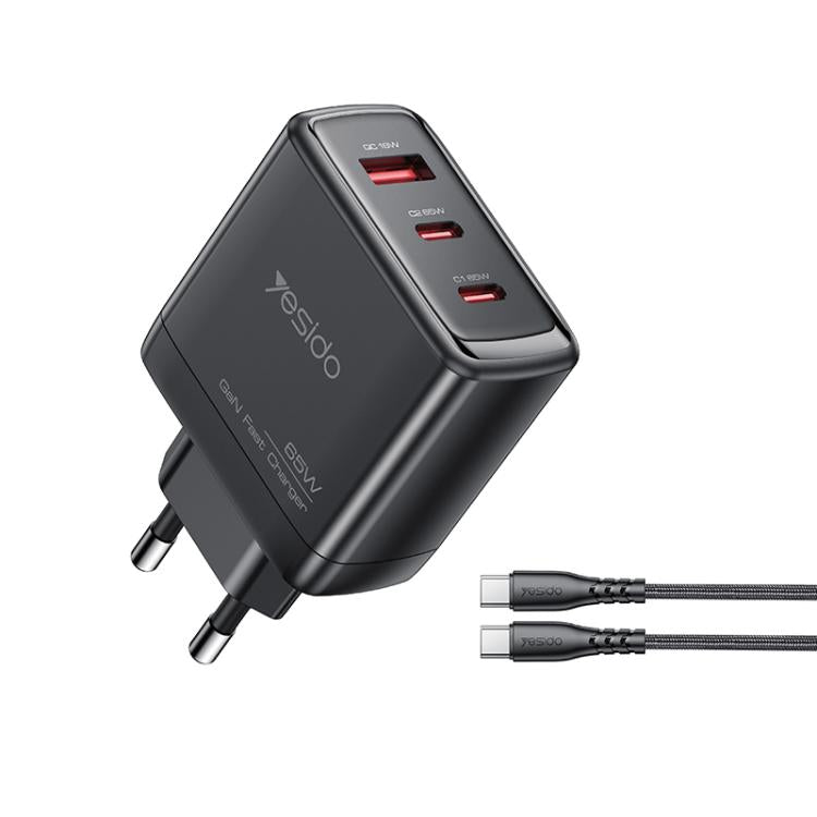 شاحن سريع Yesido YC144C بقوة 65 واط بثلاثة منافذ مع كابل Type-C بطول 1 متر، YC144C