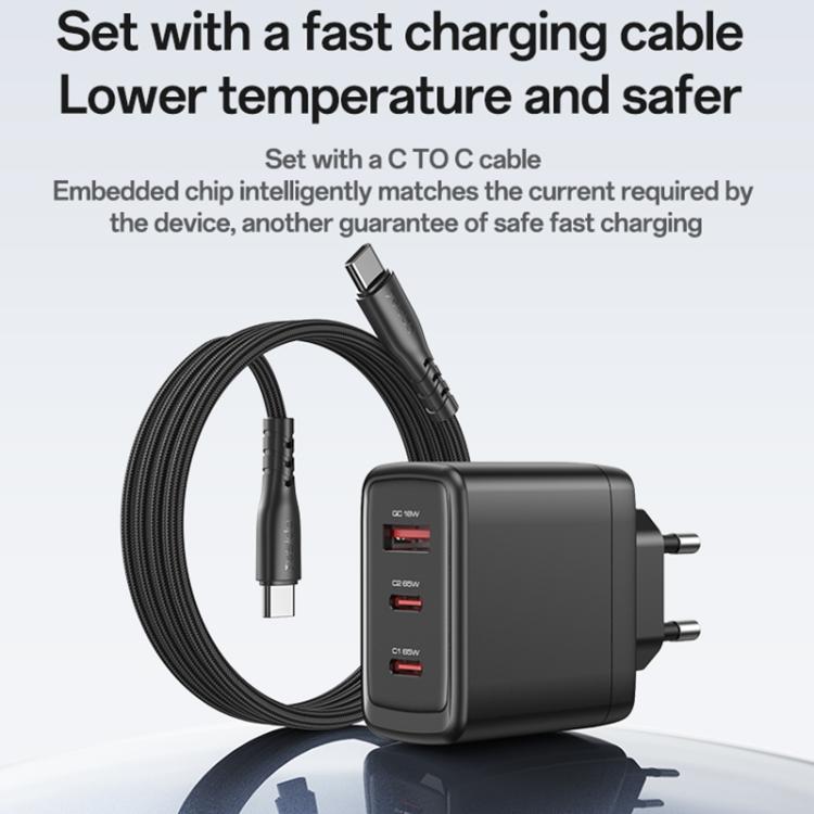 شاحن سريع Yesido YC144C بقوة 65 واط بثلاثة منافذ مع كابل Type-C بطول 1 متر، YC144C