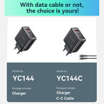 شاحن سريع Yesido YC144C بقوة 65 واط بثلاثة منافذ مع كابل Type-C بطول 1 متر، YC144C