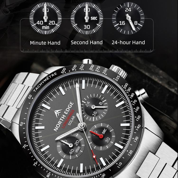 ساعة رياضية للرجال من NORTH EDGE LONGWINGS بحزام من الفولاذ المقاوم للصدأ وشحن بالطاقة الشمسية للخارجية