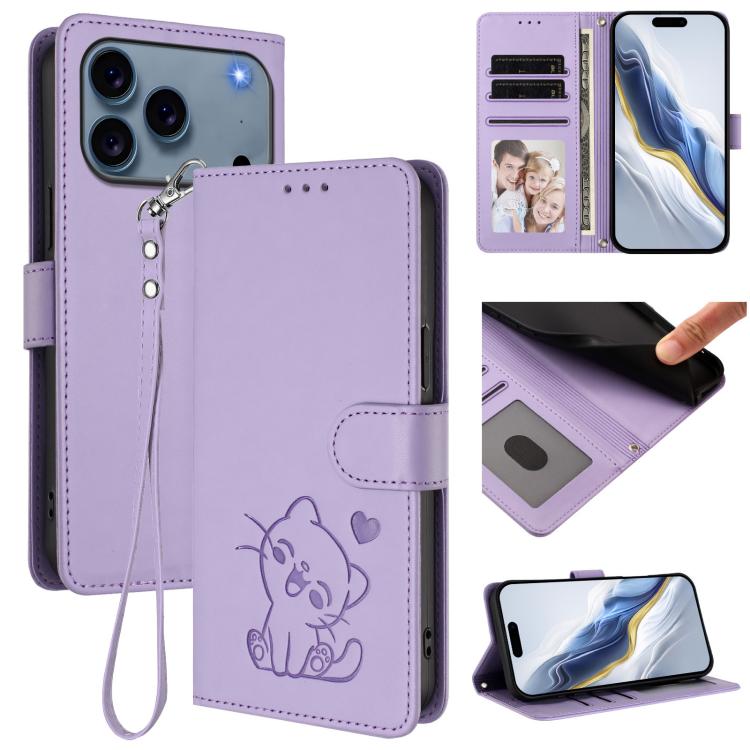 غطاء هاتف جلدي منقوش بقلب وقطة مع حزام يد، لهواتف iPhone 17e / 16e، iPhone 17 Pro Max، iPhone 17 Pro، iPhone 17