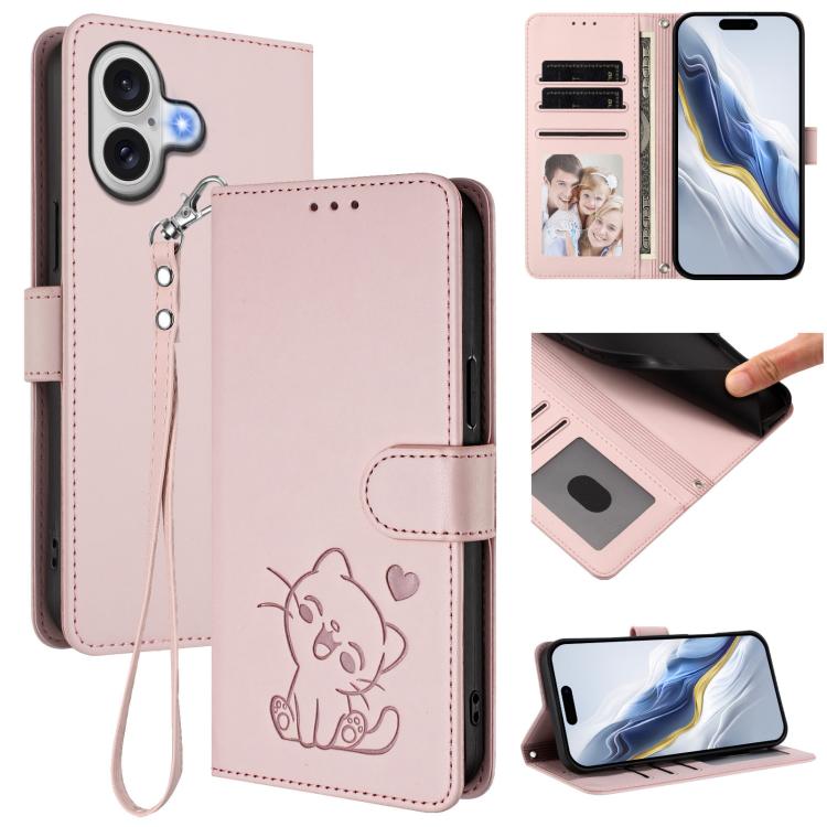 غطاء هاتف جلدي منقوش بقلب وقطة مع حزام يد، لهواتف iPhone 17e / 16e، iPhone 17 Pro Max، iPhone 17 Pro، iPhone 17