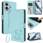 غطاء هاتف جلدي منقوش بقلب وقطة مع حزام يد، لهواتف iPhone 17e / 16e، iPhone 17 Pro Max، iPhone 17 Pro، iPhone 17