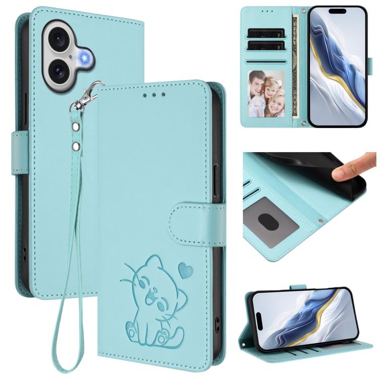 غطاء هاتف جلدي منقوش بقلب وقطة مع حزام يد، لهواتف iPhone 17e / 16e، iPhone 17 Pro Max، iPhone 17 Pro، iPhone 17