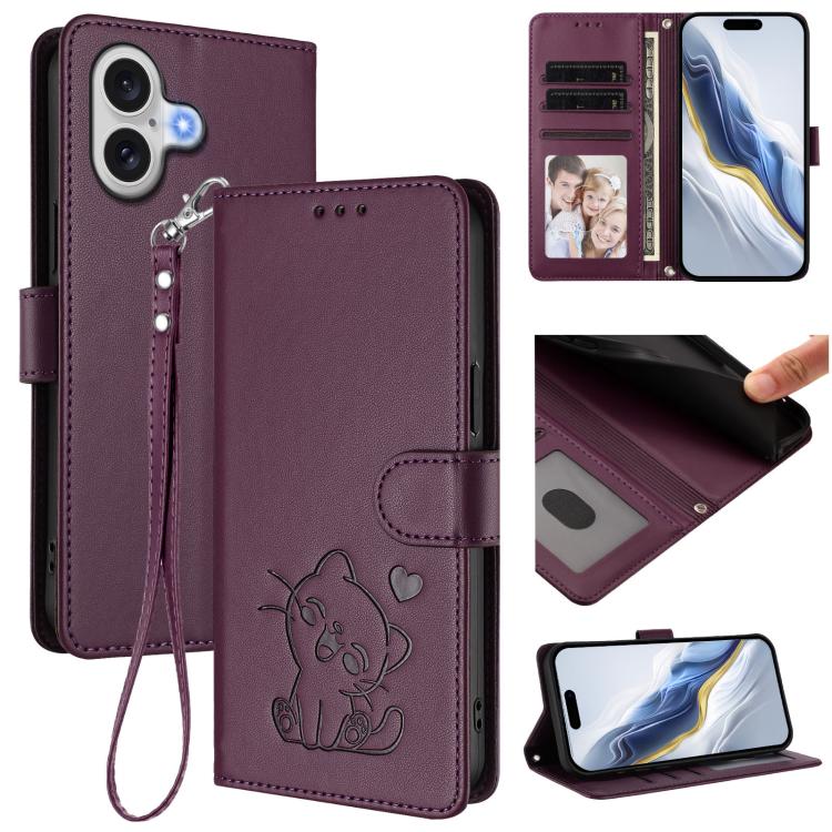 غطاء هاتف جلدي منقوش بقلب وقطة مع حزام يد، لهواتف iPhone 17e / 16e، iPhone 17 Pro Max، iPhone 17 Pro، iPhone 17