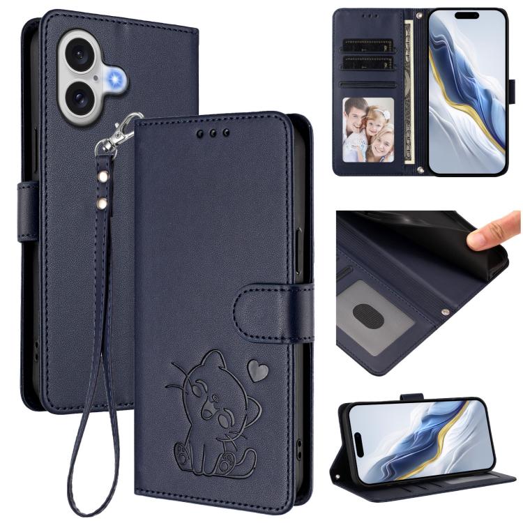 غطاء هاتف جلدي منقوش بقلب وقطة مع حزام يد، لهواتف iPhone 17e / 16e، iPhone 17 Pro Max، iPhone 17 Pro، iPhone 17