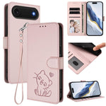 غطاء هاتف جلدي منقوش بقلب وقطة مع حزام يد، لهواتف iPhone Air، iPhone 16 Pro Max، iPhone 16 Pro، iPhone 16 Plus