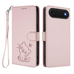 غطاء هاتف جلدي منقوش بقلب وقطة مع حزام يد، لهواتف iPhone Air، iPhone 16 Pro Max، iPhone 16 Pro، iPhone 16 Plus
