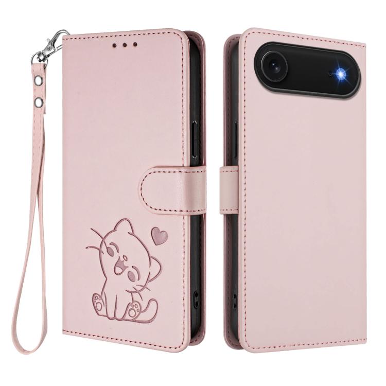 غطاء هاتف جلدي منقوش بقلب وقطة مع حزام يد، لهواتف iPhone Air، iPhone 16 Pro Max، iPhone 16 Pro، iPhone 16 Plus