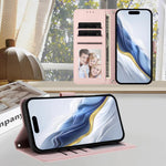 غطاء هاتف جلدي منقوش بقلب وقطة مع حزام يد، لهواتف iPhone Air، iPhone 16 Pro Max، iPhone 16 Pro، iPhone 16 Plus